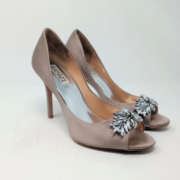 Badgley Mischka Satin Crystal Heels 8.5 Champagne Open Toe - Picture 4 of 10
